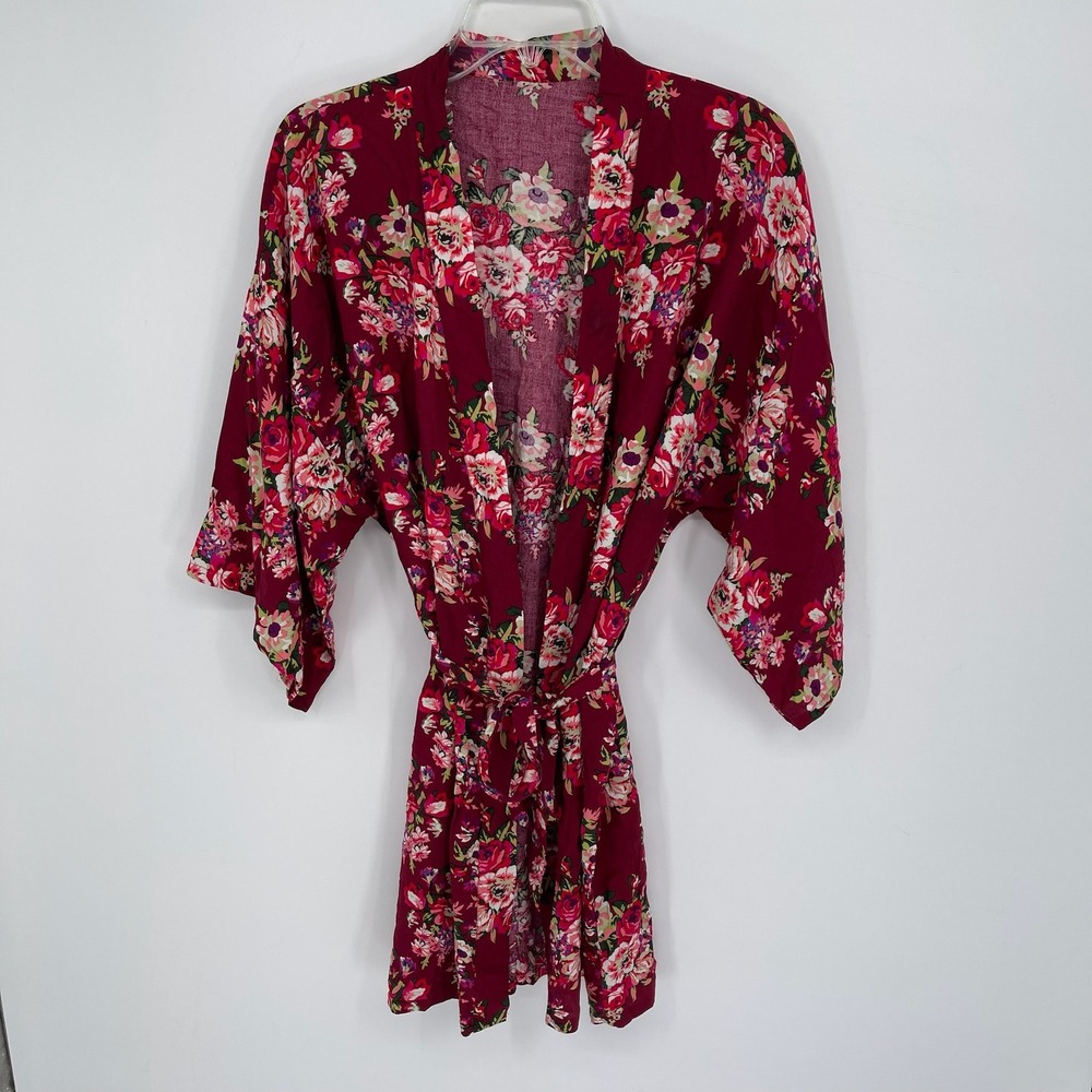 Women's Burgundy Floral‎ Rayon Kimono Robe Size L/XL